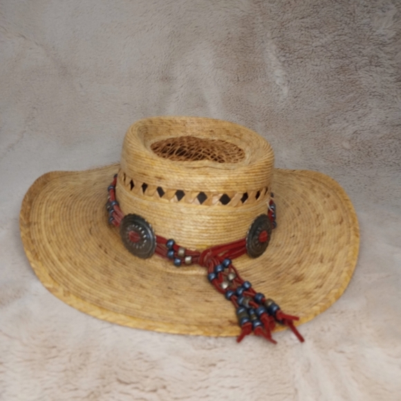 Vintage Legitimo Sahuayo Hand Woven Straw Mexican Cowboy Hat W Leather Beads - Picture 4 of 5